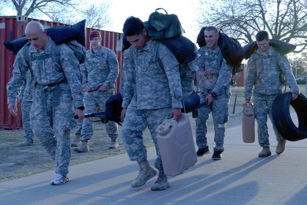 Special Forces Military Unit in full tactical gear , walking in